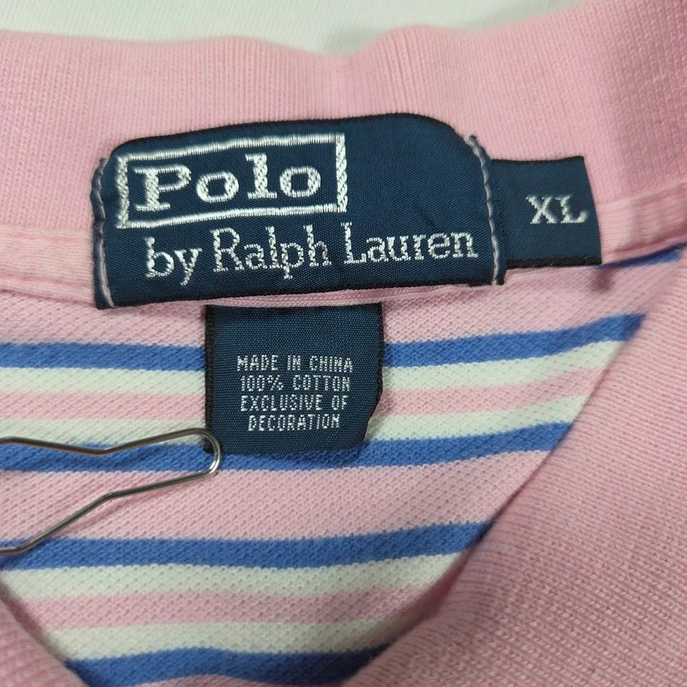 Polo Ralph Lauren Mens XL Pink Blue Striped Short Sleeve Cotton Polo Shirt